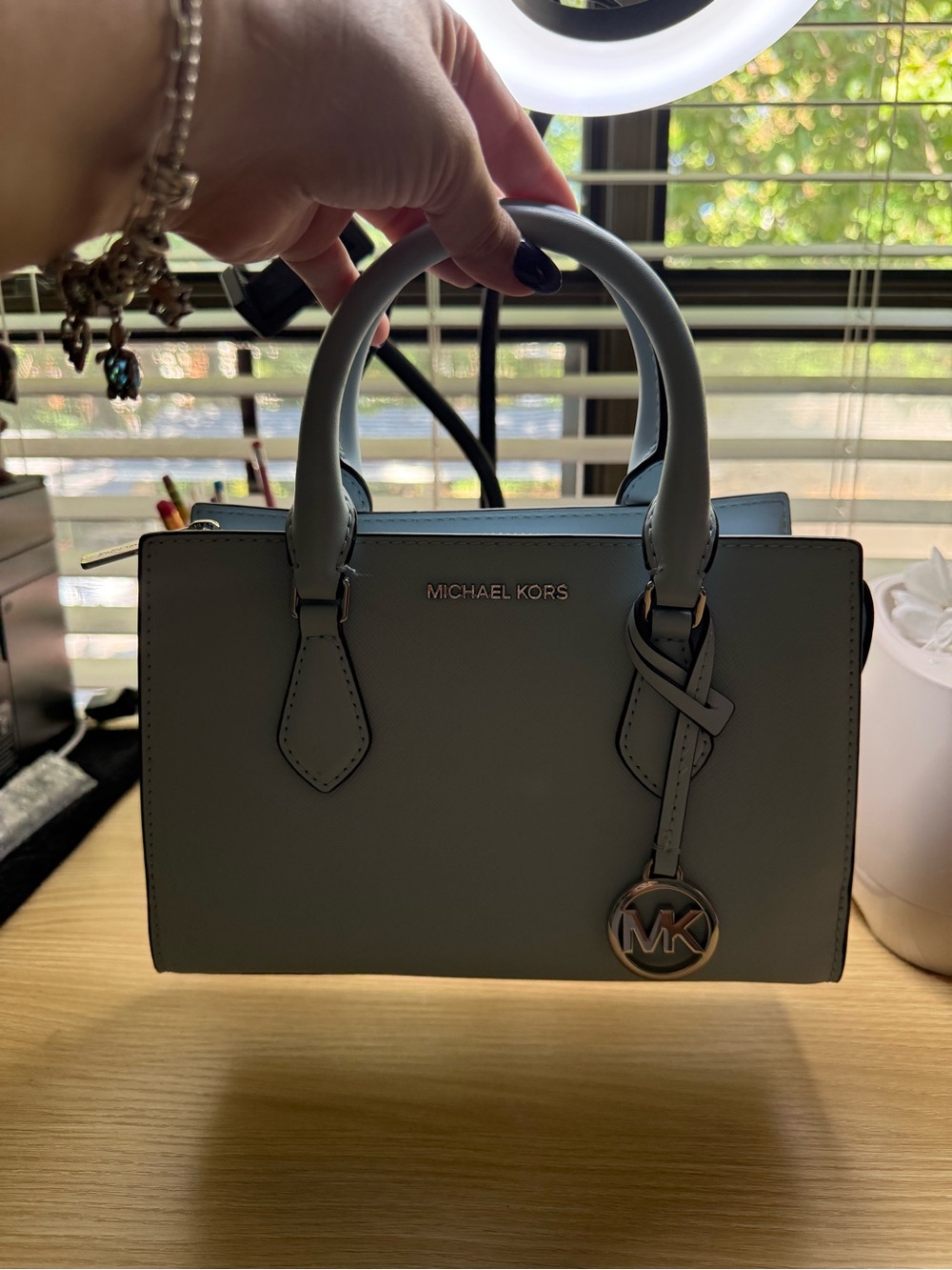 Michael Kors Dusty Blue Leather Satchel with MK Charm